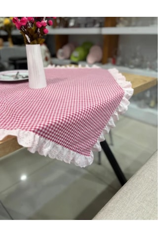 Fisto Fırfırlı Vintage Fiskos Örtüsü Fırfırlı Masa Örtüsü Beyaz - Pembe