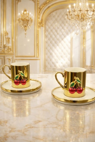 2 Kişilik Porselen Gold Platin Kaplama Kiraz Kahve Fincan Takımı Seti 100ml Altın