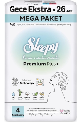 Sleepy Bio Natural Premium Plus Hijyenik Ped Mega Paket Gece Extra 26x5 130 Adet