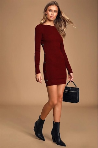 Aqe Fashion Kadın Geniş Yaka Uzun Kol Yandan Düğme Detaylı Bordo Triko Elbise Bordo