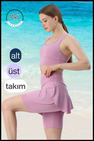 Kadın Takım Alt - Üst Biker Şort Diz Üstü &crop Bra Ped Destekli Denizde Havuzda Sporda Llia Lila