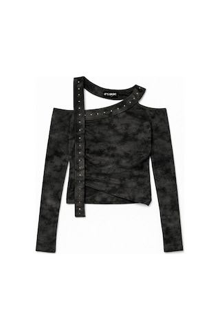 Itsbasic Kadın Siyah Antrasit W5 Asimetrik Kesim Özel Kumaş Tasarım Crop Top