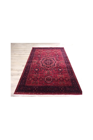 Çam Halı Bambos Plus 903 Kırmızı Yün Ve Bambu İle Özel Tezgahlarda Üretilen Afgan Halısı Desenli El Emeği Modern Uşak Halısı Kırmızı
