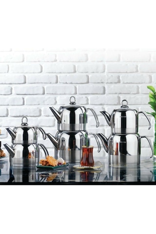 Schafer Ada 4Parça Metal Kulplu Çaydanlık Küçük Boy Inox Gri
