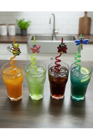 Mucit Home Sevimli Renkli Emojili Pipet- Kokteyl Ev Dekorasyon Renkli Pipet 4 Lü Figürlü Parti Doğum Günü
