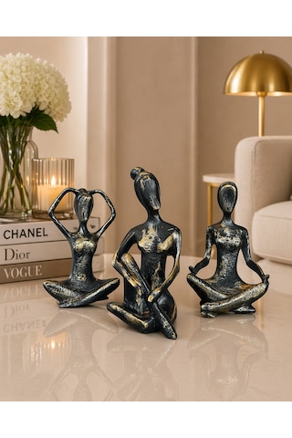 Dekoratif Yoga Figürü 3 Lü Set Gold Meditasyon Biblo, Modern Lüks Ev Dekoru Siyah - Altın