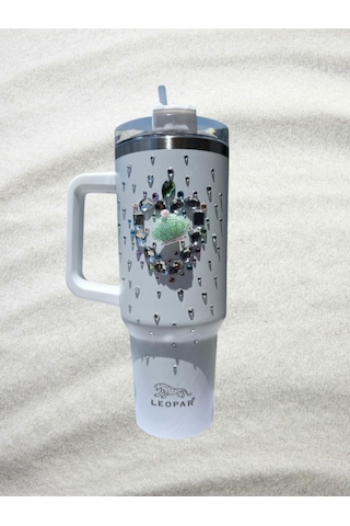 Pipetli 1,2 Litre Kulplu Çelik Termos Renkli Üzeri Taş İşlemeli - Beyaz Beyaz