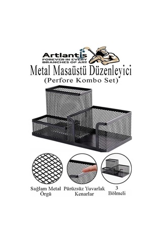 Masaüstü Metal Kalemlik Seti 3 Lü Kombo 1 Paket Fileli Perfore Siyah Kalemlik Ataşlık Kağıtlık Küpnotluk Düzenleyici Diğer