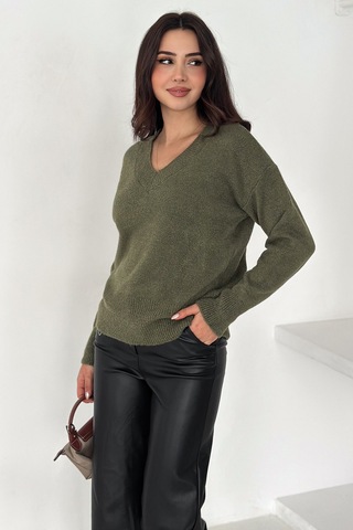 Noa & Noa Kadın V Yaka Triko Kazak Cozy Neutral Yeşil