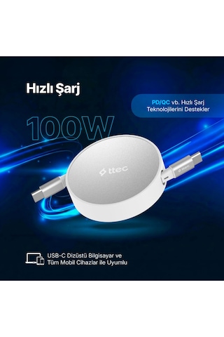 Ttec USB-C - USB-C Mini Makaralı 100W PD/QC 120 CM Hızlı Şarj Kablosu Beyaz