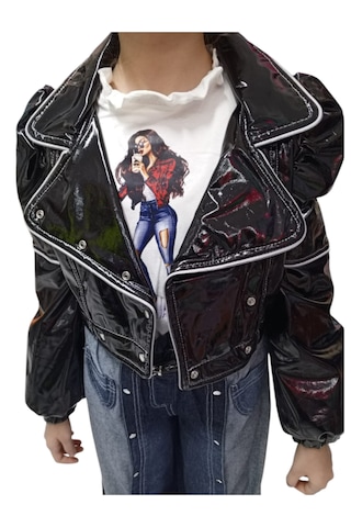 Kız Çocuk Fermuar Detaylı Siyah Parlak Deri Görünümlü Ceket & Uzun Kollu Baskılı Bluz İkili Takım Siyah