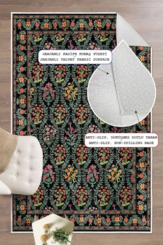 Modern Floral Desen Baskılı Kaymaz Yıkanabilir Salon Oturma Odası Mutfak Balkon Halısı Yolluk Siyah