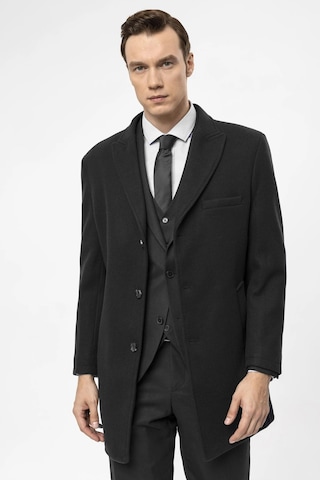 Süvari Slim Fit Yünlü Sivri Yaka Siyah Erkek Kaban Siyah