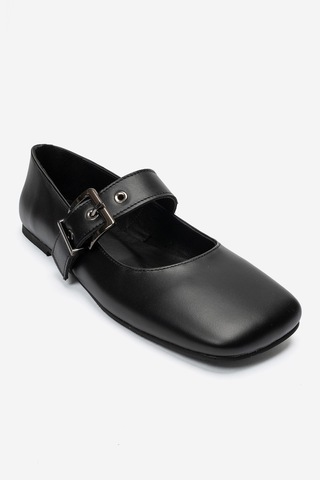 Luvi Shoes Jonas Siyah Cilt Hakiki Deri Kemerli Kadın Babet Ayakkabı