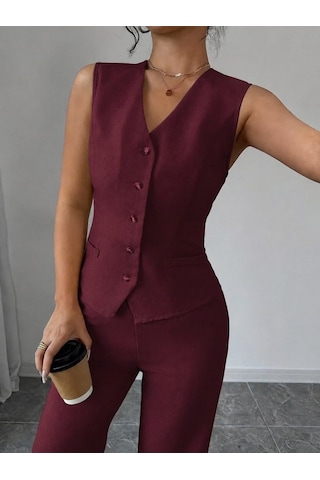 Efnaz Style Kadın Askılı Önden Düğmeli Bluz Ve Pantolon Keten Ikili Takım Bordo