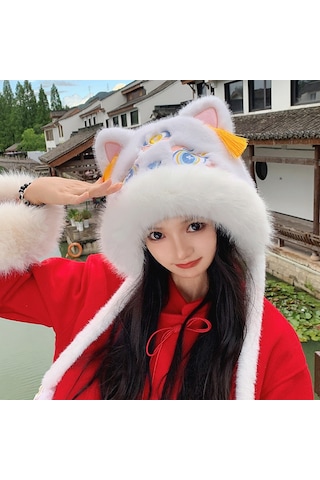 Şık Kışlık Polar Şapka, Kulaklıklı Kalın Ve Sıcak Polar Şapka, Stil 3 Beyaz