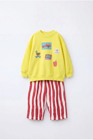Magu Erkek Çocuk Baskılı Sarı Sweatshirt Ve Kırmızı Çizgili Eşofman Takımı Çok Renkli