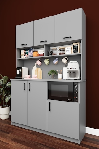 Lüks Kahve Köşesi Dolabı %100 Mdf Çok Amaçlı Erzak Depolama Dolabı Kahve03 Kül Gri