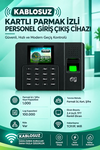 Wifi Kablosuz Parmak İzi Ve Kartlı Personel Giriş Çıkış Cihazı Ve Yazılımı 20 Kart Dahil