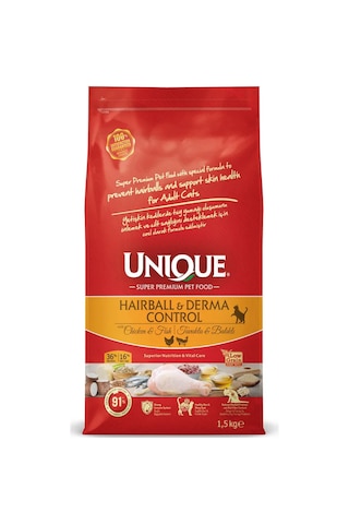 Unique Tüy Yumağı Önleyici Ve Dermatolojik Destekleyici Tavuklu Balıklı Yetişkin Kedi Maması 1,5 Kg