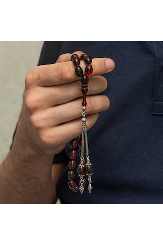 Gümüş Kırmızı Siyah Ateş Kehribar Tesbih Sl12595 Gümüş