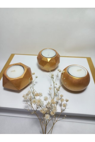 Geometrik Desenli Antiquity Gold 3'lü Mumluk Set, Dekoratif Masa Sehpa Üstü Aksesuar Gold