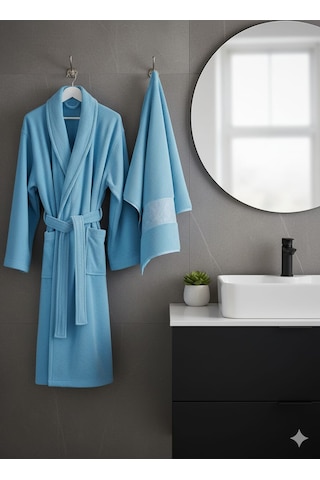 Belinis %100 Pamuk Otel & Spa Kalitesinde Yumuşak Yüksek Su Emici 1 Adet Bornoz 1 Adet 50 X90 Cm Havlu Mavi