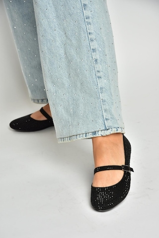 Fox Shoes U726628004 Siyah Kumaş Taş Detaylı Babet Siyah