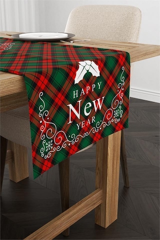 Kırmızı Yeşil Yılbaşı Temalı Ekose Desenli Dijital Baskılı Runner N11.588