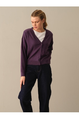 Xint Mor Slim Fit Açık V Yaka Pamuk Hırka 850832