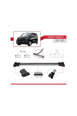 Peugeot Partner 2019-2022 Arası İle Uyumlu Fly Model Ara Atkı Tavan Barı Gri 4 Adet Bar