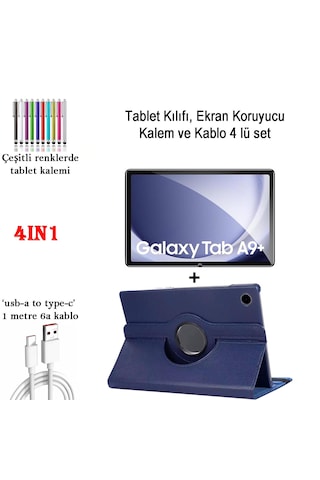 Samsung Galaxy Uyumlu Tab A9+ 11'' Sm-x210 360 Dönebilen Standlı Pu Deri Kılıf+ekran Koruyucu+kalem+kablo Dönerli Kılıf