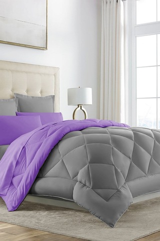 Alla Turca Çift Taraflı Lux Silikon Yorgan - Çift Kişilik Özel Çantalı Mor-gri