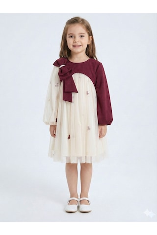 Xo Kids Bordo Kollu Fiyonk Detaylı Çiçek İşlemeli Tüllü Kız Çocuk Elbise 4-10 Yaş 4419 Ekru