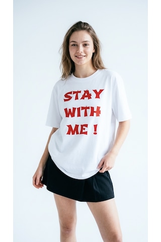 Hoxie Kadın Beyaz Kırmızı Slogan Yazılı Baskılı Oversize Bisiklet Yaka Tişört