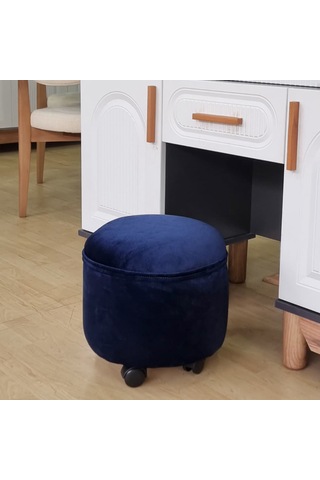 Tekerlekli Puf Tabure Siyah & Antrasit Gri Parlak Kumaş 35x40 Cm - Çocuk Odası Pufu, Makyaj Pufu, Mantar Puf Mavi