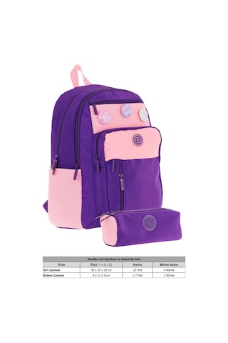 Kauko Holiday Kız Çocuk Rozetli Okul Çantası Ve Kalemlik Seti - Mor Pembe - Altı Bölmeli Mor - Pembe