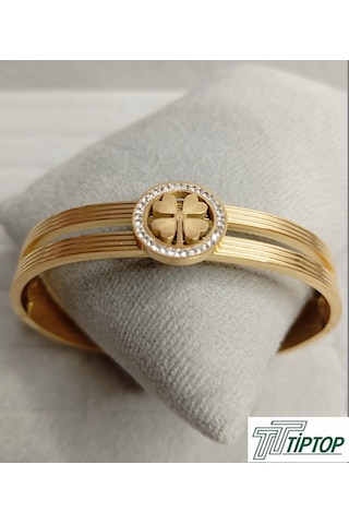 Yonca Model Zirkon Taşlı Gold Renk Kelepçe Bileklik Gold