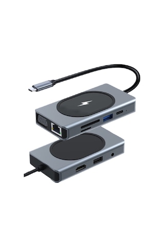 Winex WNE0064 9in1 USB Type-C Hub Port Adaptör 4K HDMI USB Ethernet PD Girişli 15 W Kablosuz Şarj