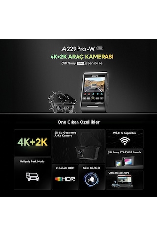 Viofo A229 Pro W 2 Kameralı Ön+arka Su Geçirmez 4k+2k Sony Starvıs 2 Sensör Gps'li Araç Kamerası