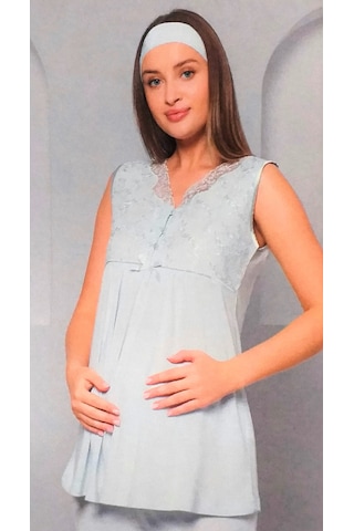 Flz Pijama 3'lü Dantelli Lohusa Pijama Takımı Mavi