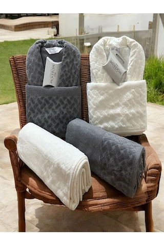 Banyo Çeyiz Seti, %100 Pamuk Bornoz Takımı, 8 Parça Aile Bornoz Seti, Havlu & Havlu Seti Gri-krem Gri