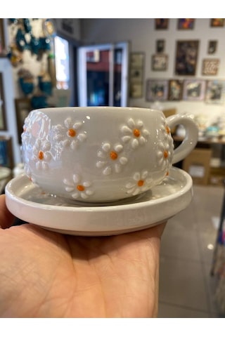 Seramik El Yapımı Fincan Takımı 2'li Set Papatya Desenli, Tabaklı Beyaz - Sarı