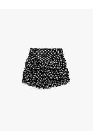 Koton Slim Fit Kemerli Kat Kat Volümlü Fırfırlı Puantiyeli Tül Mini Etek Siyah Desenli 6sak10231ek