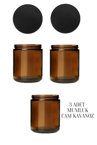 Rotanev 3 Adet 210 ml Cam Kavanoz Amber Mumluk 210 Cc Metal Siyah Kapaklı Mum Kavanozu Kahverengi