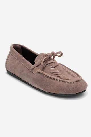Lorven Vizon Süet Hakiki Deri Bağcıklı Kadın Loafer Ayakkabı Vizon