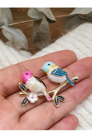 Lovebirds Kuşlar Broş 42x30 Mm Pembe Altın