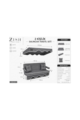 Zishtekstil Keten Kumaş Süngerli Gölgelikli 2 Kişilik Salıncak Minderi 8 Cm Antrasit