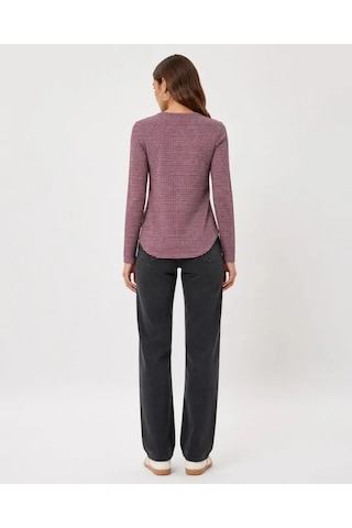 Defymoda Dokulu Çizgili Uzun Kollu Tişört Oval Kesim Basic Rahat Kalıp Bluz - Bordo