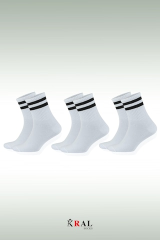 Kral Socks Erkek Kadın 3 Çift Çizgili Kolej Tenis Çorabı Pamuklu Terletmez Çorap Beyaz